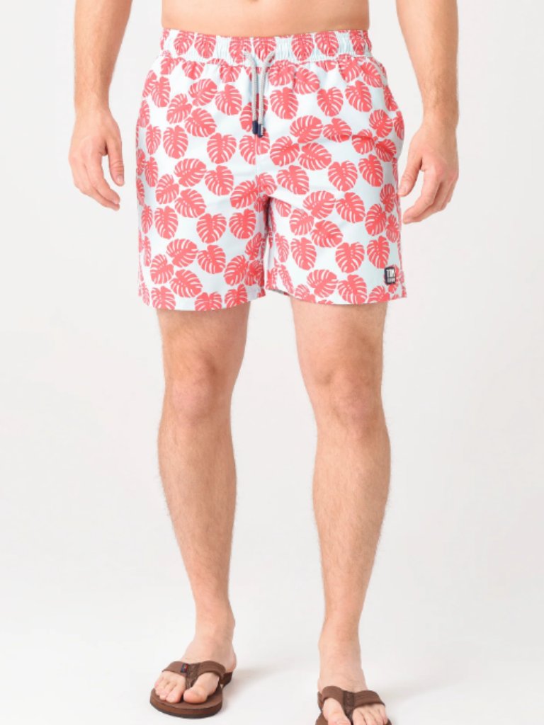 Tom & Teddy Men's Sky Blue & Red Leaves Tailored Swim Trunks Size S